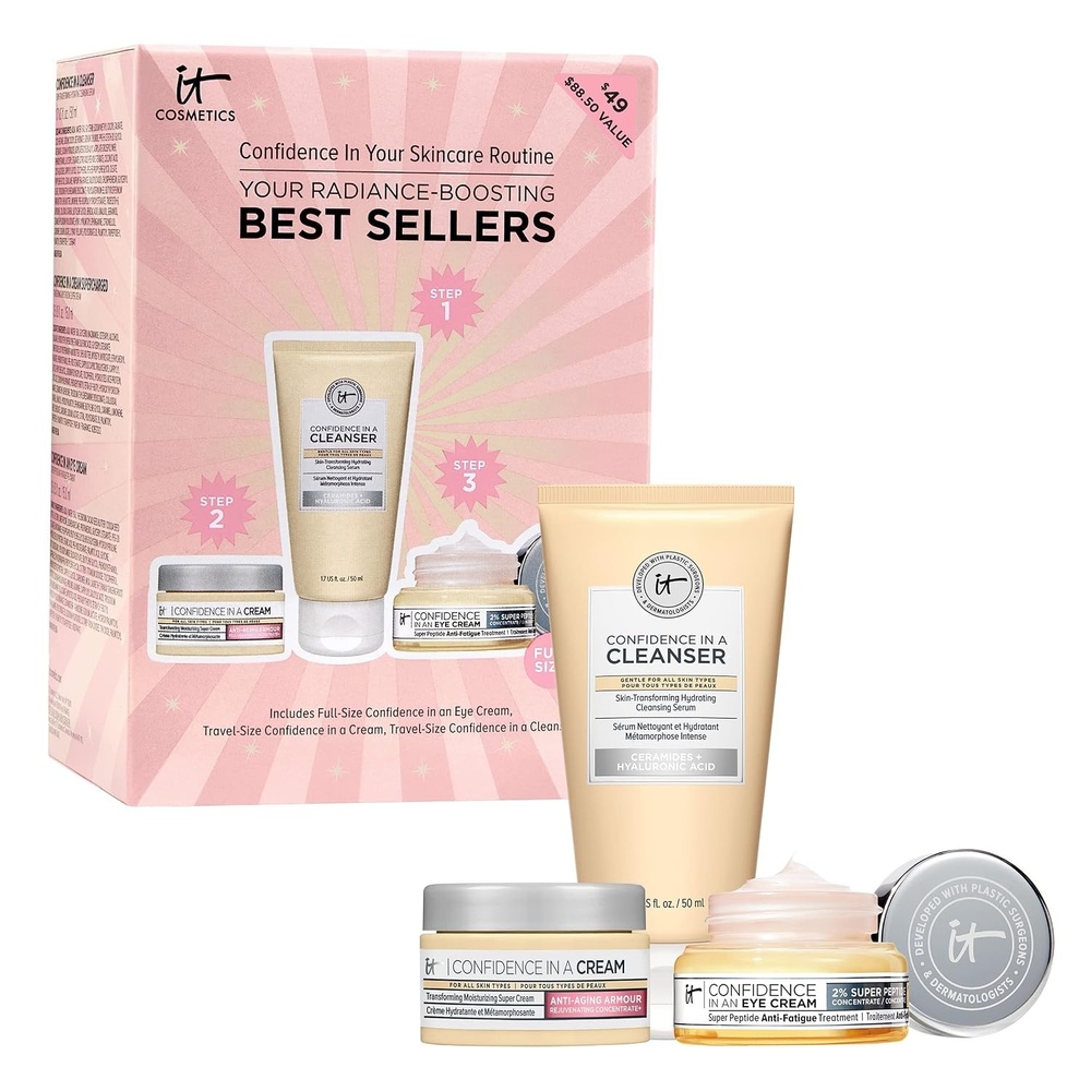 image:imageIT Cosmetics Radiance Boosting Best Sellers Skincare Gift Set  3Piece Set with AntiAging Peptide Eye Cream Hydrating Face Moisturizer amp Facial Cleanser  Vegan Kit with Travel Sizes
