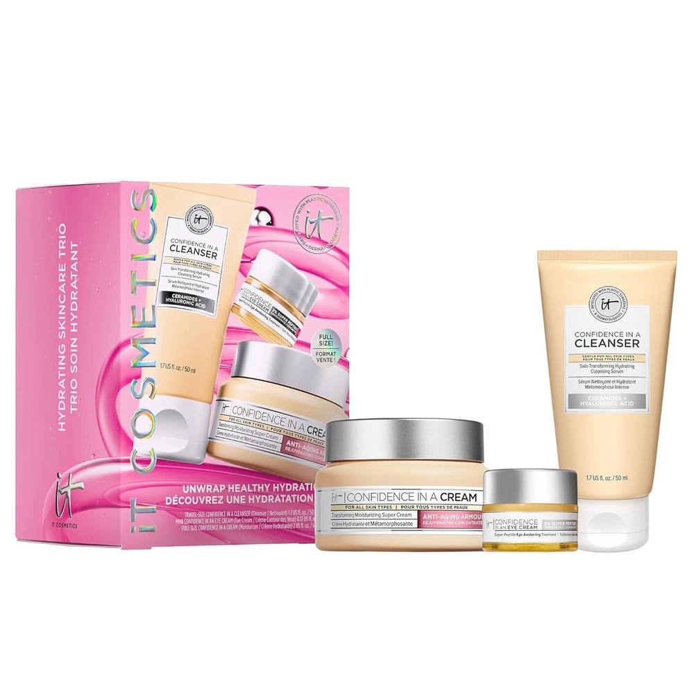 image:imageIT Cosmetics Unwrap Healthy Hydration Antiaging Skincare Set 3Pc Holiday Giftset for Her  Confidence in a Cream Face Moisturizer Full Size amp Gentle Facial Cleanser amp Smoothing Eye Cream