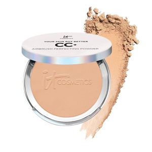 IT Cosmetics CC+ Airbrush Perfecting Powder Foundation – Sheer to Full Coverage Pressed Powder, Blurring Pores & Dark Spots, Anti-Aging Face Makeup, Hydrolyzed Collagen & Niacinamide – 0.33 oz(Medium Tan (medium shade with warm undertones))